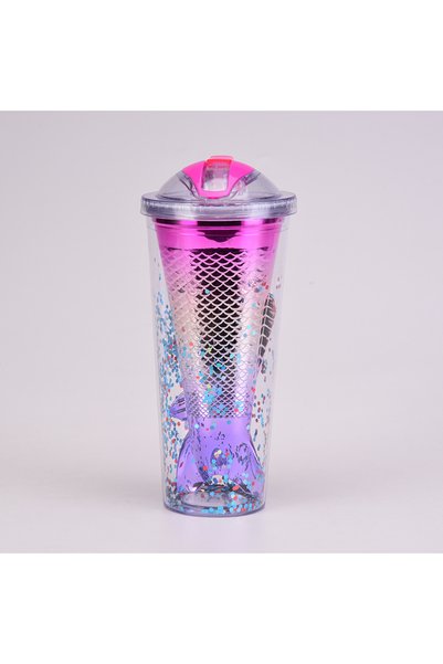 Generic Double Wall Plastic Mermaid Tail Straw Cup Electroplated Sequin Tumbler