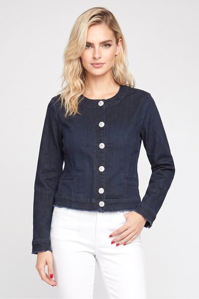 CLAIRE Women Round Neck Long Sleeve Solid Denim Top Dark Navy