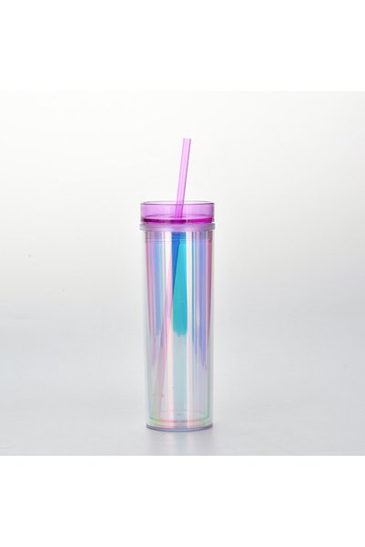 Generic Double Wall Plastic Skinny Straw Cup 450ml Iridescent Straight Tumbler