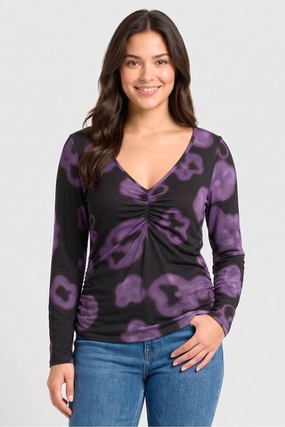 Monki Women V-Neck Long Sleeve Graphic Print Top, Multicolor