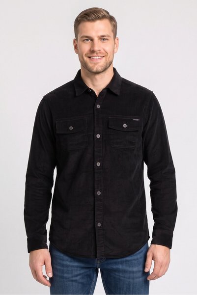 Ike Behar Men Corduroy Long Sleeve Shirt Jacket, Black