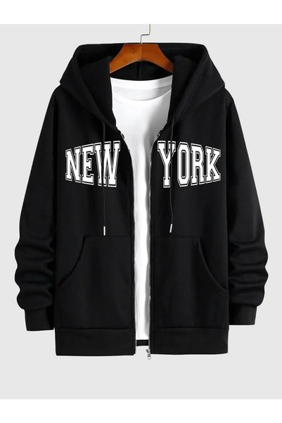 LOTS MODA Hırka - Siyah Baskılı Kışlık Oversize Kapüşonlu Fermuarlı Cepli Hırka Unisex giyim