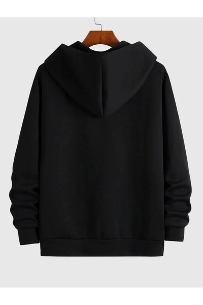 LOTS MODA Hırka - Siyah Baskılı Kışlık Oversize Kapüşonlu Fermuarlı Cepli Hırka Unisex giyim
