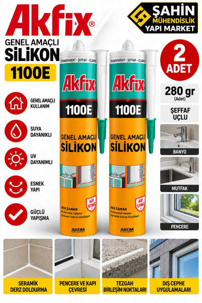 1100E Genel Amaçlı Şeffaf Silikon 280 gr – 2 Adet – Banyo, Mutfak, Cam ve Pencere Silikonu