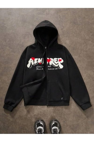 LOTS MODA Cardigan - Black Printed Winter Oversized Hooded Zippered Pocketed ...