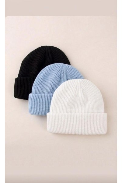 TNR SPORT Men's Fold-Over Black-Blue-White 3-Piece Beanie Set