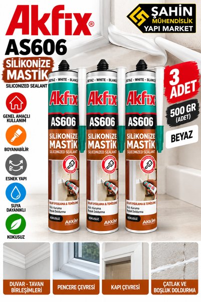 AS606 Silikonize Mastik Beyaz 500 gr 3 Adet – Boyanabilir Genel Amaçlı Derz Dolgu, Çatlak ve Boşluk Doldurma Mastiği