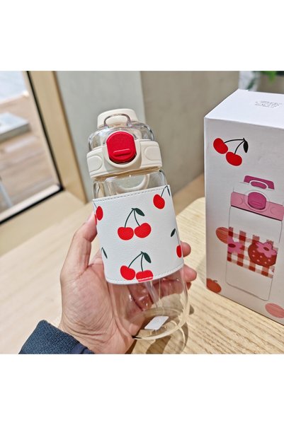 Generic كوب ماء زجاجي بغطاء مزدوج وقشة، مقاوم للحرارة، محمول للسفر