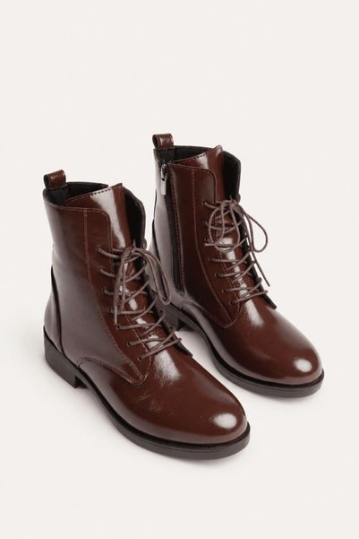 TRENDELLA Women's Winter thick sole dark brown patent leather casual boots TR...