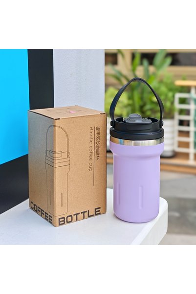Generic Stainless Steel Vacuum Cold Retention Coffee Cup Handle Dual Drink Straw