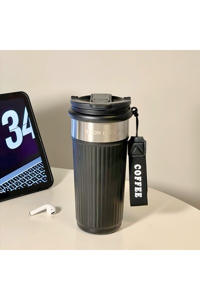 Generic كوب قهوة معزول حراريًا من الفولاذ المقاوم للصدأ، بتصميم مخطط عمودي، ي...