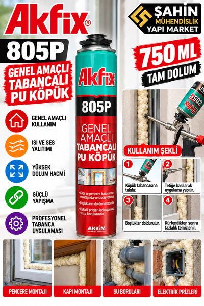 805P Genel Amaçlı Tabancalı PU Köpük 750 ML Tam Dolum – Poliüretan Montaj, Boşluk Doldurma ve Yalıtım Köpüğü