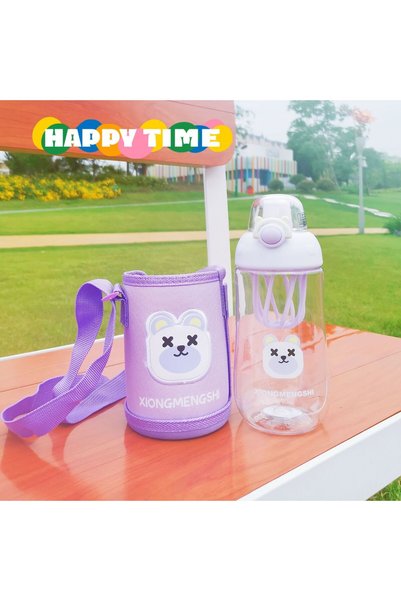 Generic Kids Plastic Water Bottle Fabric Sleeve Knit Strap Student Outdoor