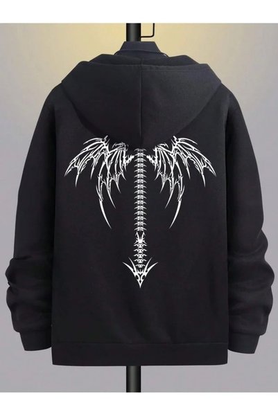 LOTS MODA Cardigan - Black Printed Winter Oversized Hooded Zippered Pocketed ...