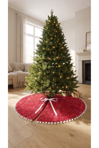 kesenegore Red Christmas Tree Skirt, 65 cm, with White Pom-Poms and Ribbons—C...