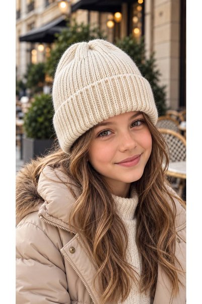 BALIENTE Cream-Colored, Soft-Textured Corded Fabric Knit Girl's Beanie, Ages ...