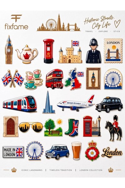 FixFame 30 Pcs London 3D Epoxy Stickers Waterproof Self-Adhesive Decals