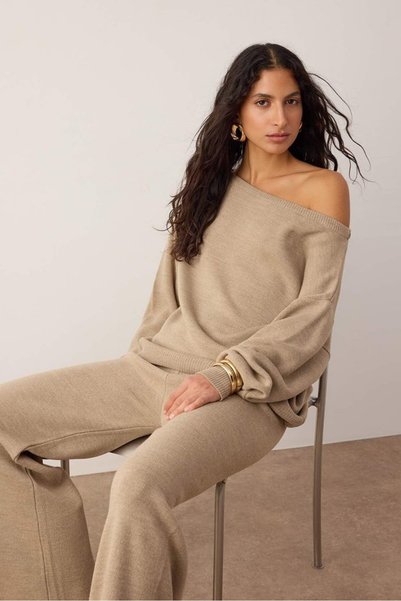 Noi Belis Set pulover cu decolteu bărcuță și pantaloni din tricot Vizon – par...