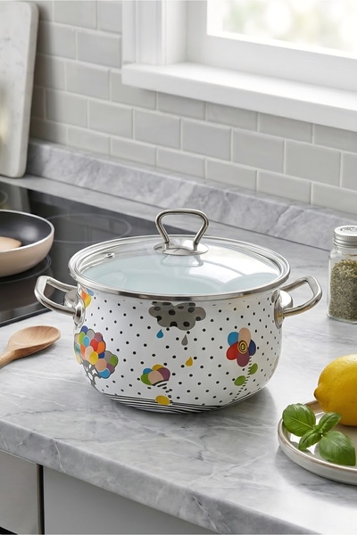 EMAYE EVİM 18 CM, 2-LITER CLOUD-ENAMELED POT WITH STEEL HANDLES—MILK AND YOGU...