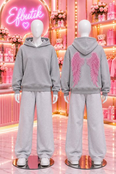 EFBUTİK Pink Stone-Printed Hooded Sweatshirt with Gray Back Print