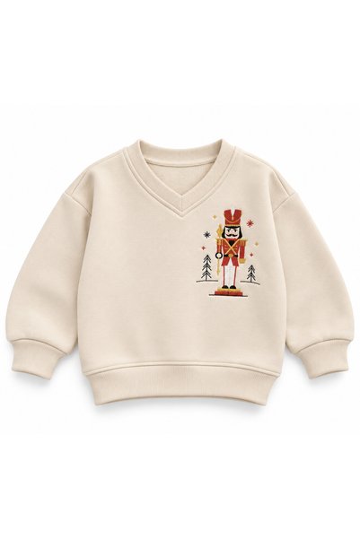 BALKABAĞI Kurşun Asker Nakışlı V Yaka Erkek Çocuk Şardonlu Sweatshirt(2-9 Yaş)