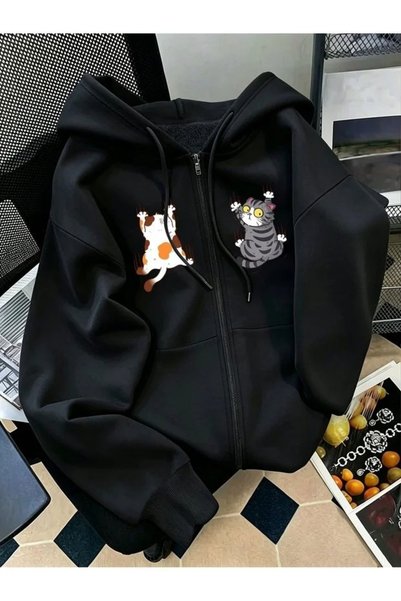 Dupe Design Printed Zipper Hooded Cardigan Unisex Oversize Black Hoodie Stree...