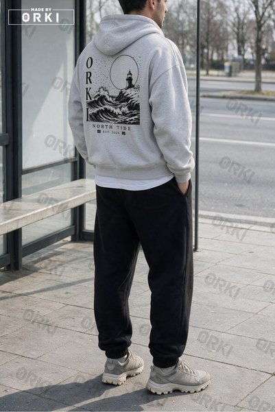EFFRENATU Lighthouse and Full Moon Print Melange Gray 2 Unisex Cardigan and J...