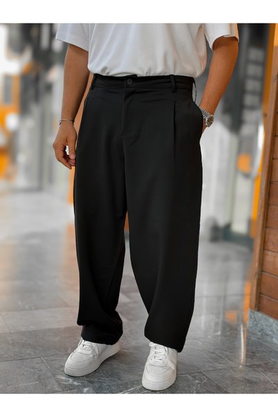 BYBASICMAN Crne plisirane široke pantalone KNT-4600