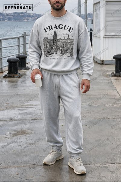 EFFRENATU Prague Cityscape-Printed Melange Gray Unisex Sweatshirt and Jogger ...