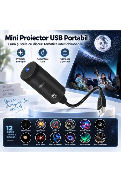 Zâna Casei Proiector portabil USB cu lună și stele – 12 discuri tematice inte...