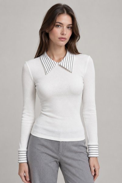 Chicup Aura Bluză tricotată cu guler polo, albă, pentru femei, materiat cu st...