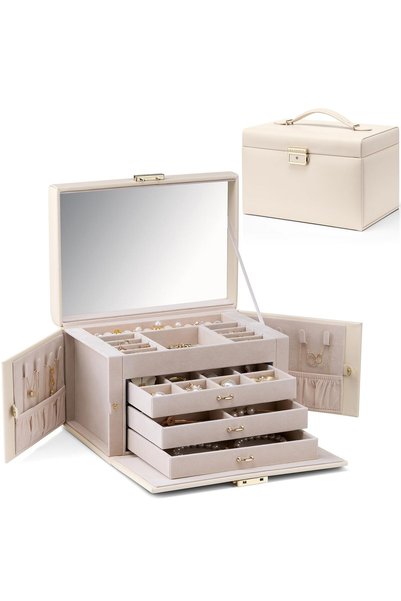 VLANDO Jewelry Box Large 4 Levels PU Jewellery Storage with Mirror