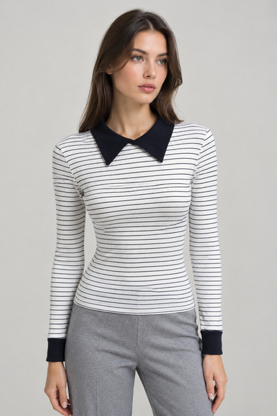Chicup Aura Women's White Striped Polo Collar Corded Fabric Knit Blouse