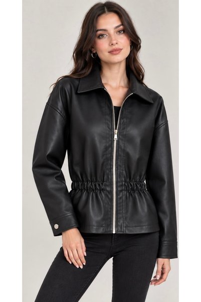 SheLoria Women's Black-Lined Faux Leather Jacket with Elastic Waistband, Zipp...