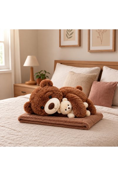 Zâna Casei 2-in-1 Plush Toy with 100 × 200 cm Blanket, 60 cm Brown Teddy Bear...