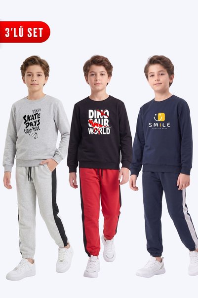 FYK KİDS 3-Piece Boys' Round-Neck Sweatsuit Set with Striped Details and Print