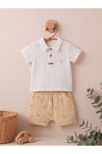 Caramell 100% Cotton Muslin Boys' Baby Set: Polo Shirt and Shorts with Palm T...