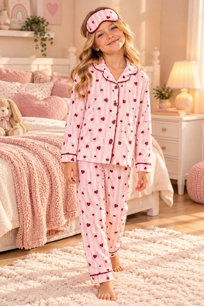 Free Beka Patterned Long Sleeve Buttoned Front Shirt Collar Girls' Pajama Set...
