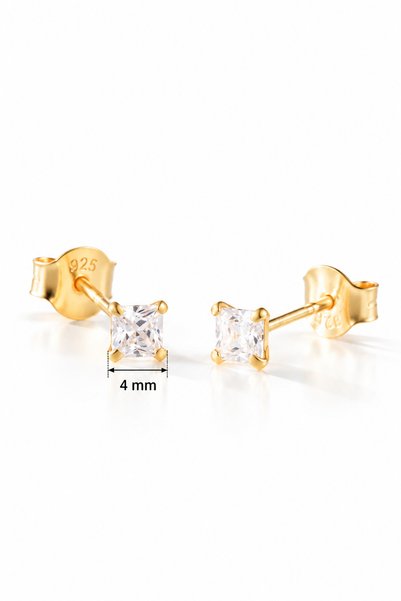 Nereze 925 Ayar Gümüş Gold Kaplama 4 mm Kare Star Kesim Minimal Tektaş Küpe