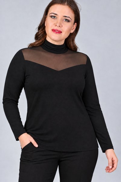 Curvy Trend Büyük Beden Roba Tül Yarım Balıkçı Yaka Uzun Kol Bluz