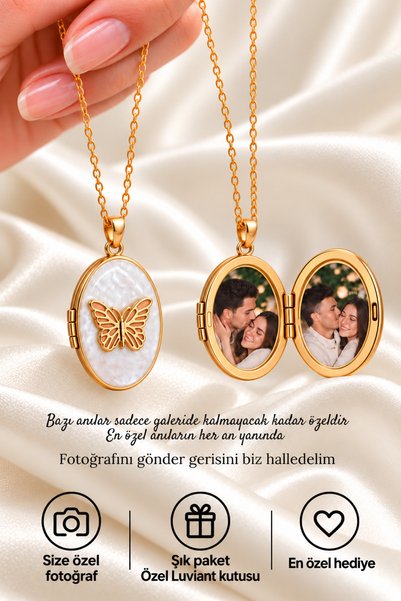 Luviant 316L Çelik Kişiye Özel 2 Fotoğraflı Kapaklı Kelebek Detaylı Hatıra Ko...