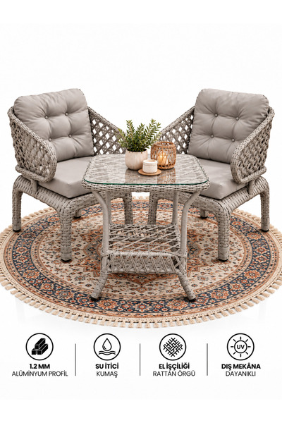 Çavdar Group Cenevre Raddan 1+1 Bistro Set Minderli 2 Kişilik Raddan Oturma G...