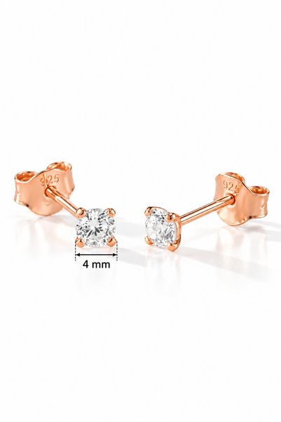 Nereze 925 Ayar Gümüş Rose Kaplama 4 mm Yuvarlak Star Kesim Minimal Tektaş Küpe