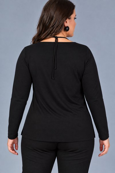 Curvy Trend Büyük Beden Dantel Bağlamalı Uzun Kol Bluz