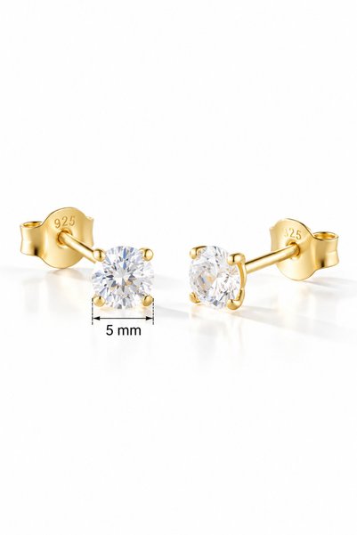 Nereze 925 Ayar Gümüş Gold Kaplama 5 mm Yuvarlak Star Kesim Minimal Tektaş Küpe