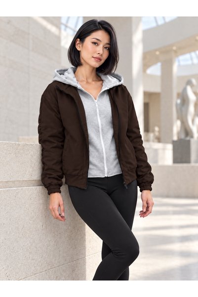 Afri Brown Women's Hooded Double-Layer Bomber Jacket – With Ruched Sleeve Det...