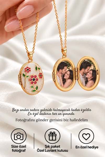 Luviant 316L Çelik Kişiye Özel 2 Fotoğraflı Kapaklı Çiçek Figürlü Hatıra Kolyesi