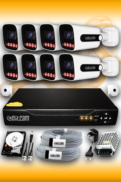 Elitcam 8 Kameralı Süper 8 Dış Kamera Set 1 TB 5 MP 2K Net Gece Görüşlü Güvenlik Kamerası Sistemi