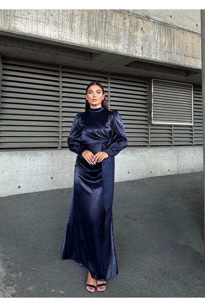 Modafeminen Side Tie Pleat Detailed Satin Evening Dress Navy Blue 583236