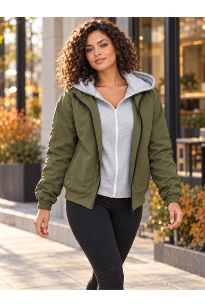 Afri Khaki Women's Hooded Double-Zip Bomber Jacket – With Ruched Sleeve Detai...
